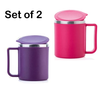 2 Pcs Happy Mug with Lid Stainless Steel Coffee Mug 200 Ml Purple Pink
