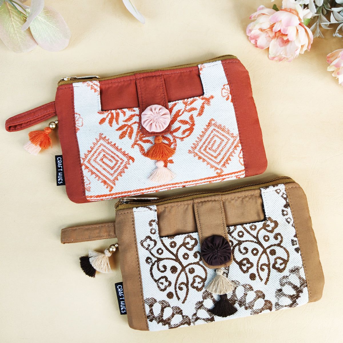 Block Printed Mini Wallet Combo-Beige/Orange