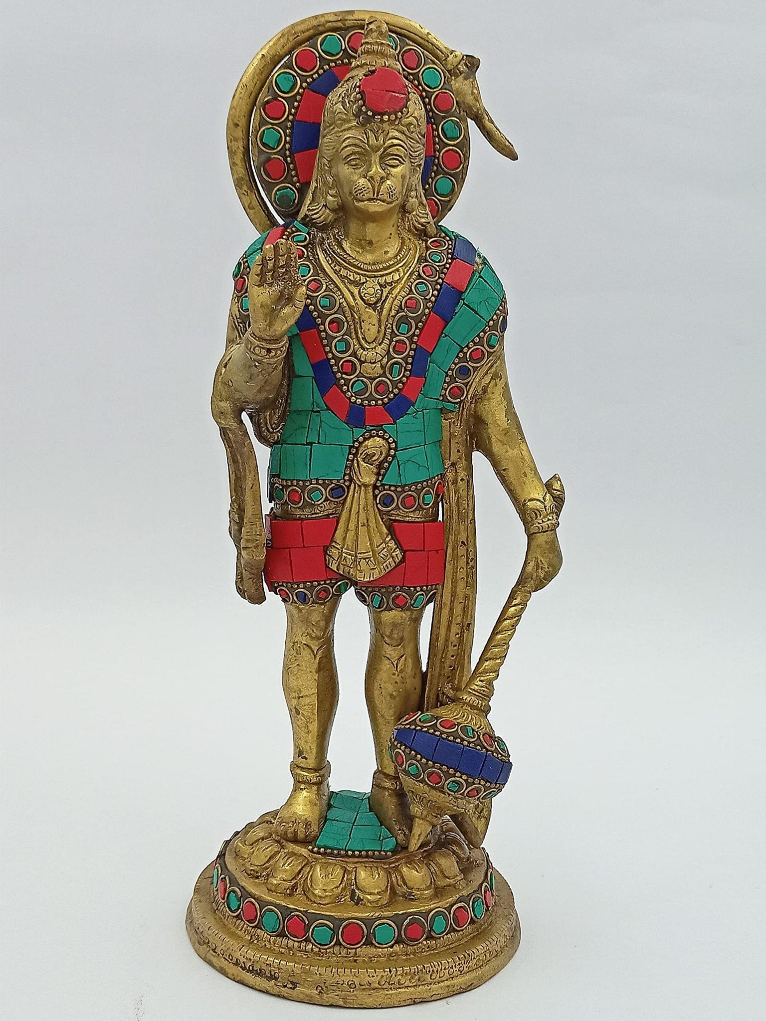 Arihant Craft� Hindu God Hanuman Idol Mahavir Statue Bajrangbali Sculpture Turquoise Gem Stone Hand Work Showpiece � 26 cm (Brass, Multicolour)