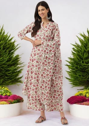 White Floral Printed Anarkali Kurta Palazoo Sets-XS