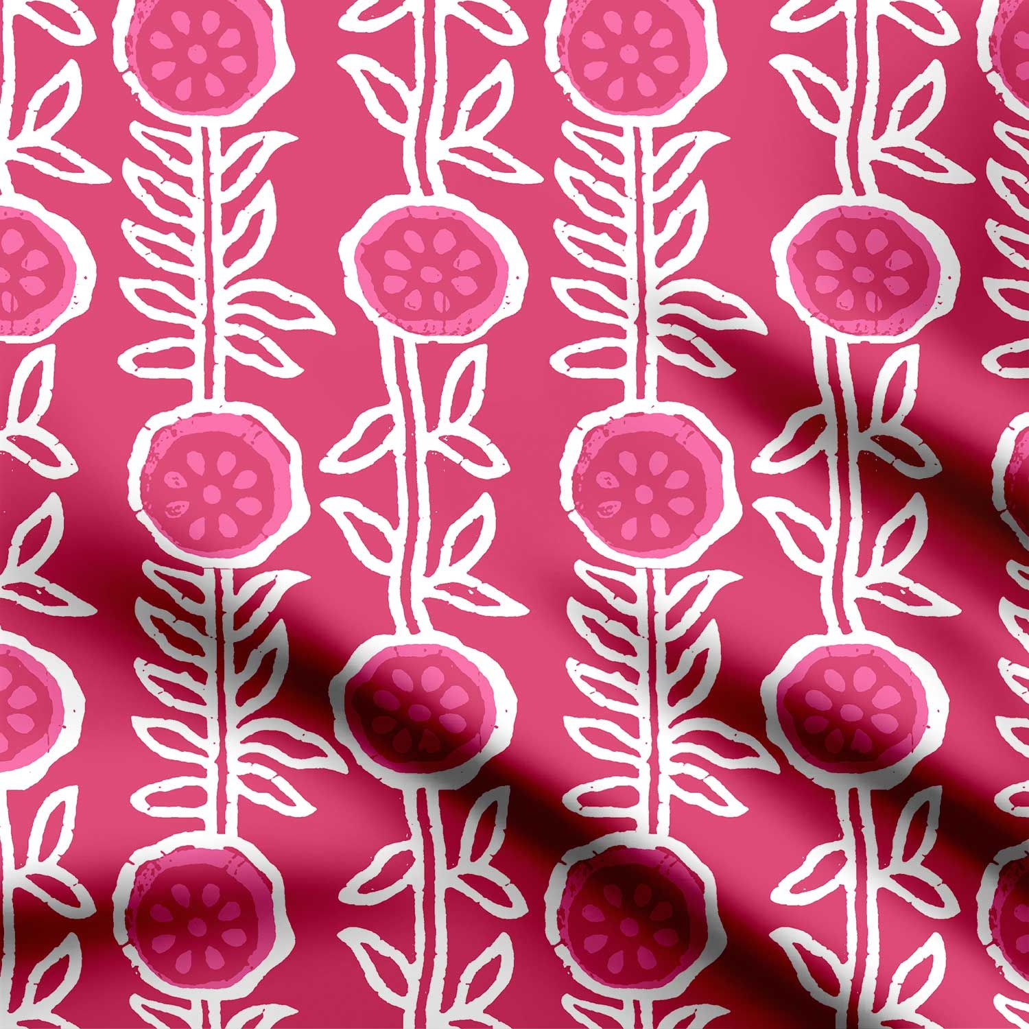 Pink Flower Plant Hand Art Print Fabric-Cotton