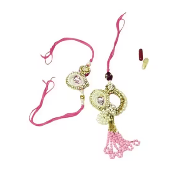 Elegant Pink and Gold Lumba Rakhi Set with Pearl Tassels, Traditional Indian Festival