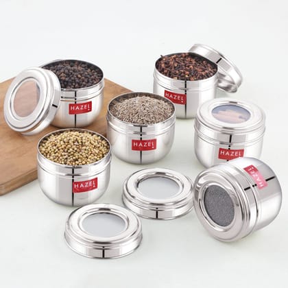 HAZEL Stainless Steel Transparent Lid Containers , Versatile Storage Jars with See-Through Top , Nesting Kitchen Canisters for Spices, Snacks & Grains , 300ml (Set of 6)