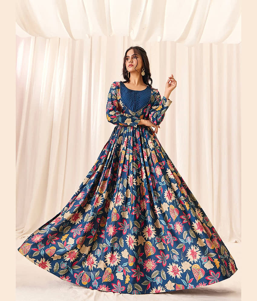 Madhuram Textiles Women Rayon Anarkali Stitched Ethnic Gown ( Blue )