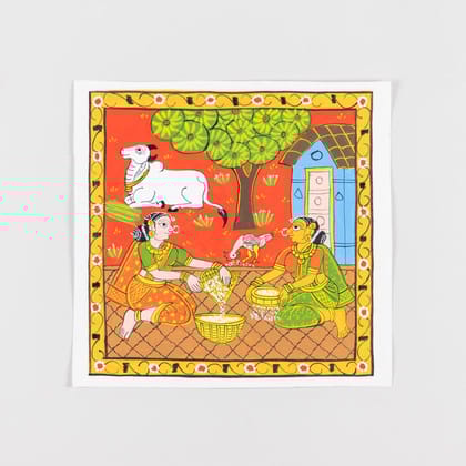 Cheriyal Painting Women Chaffing Grains 11.5 x 11.5-Red / Canvas / 11.5 x 11.5