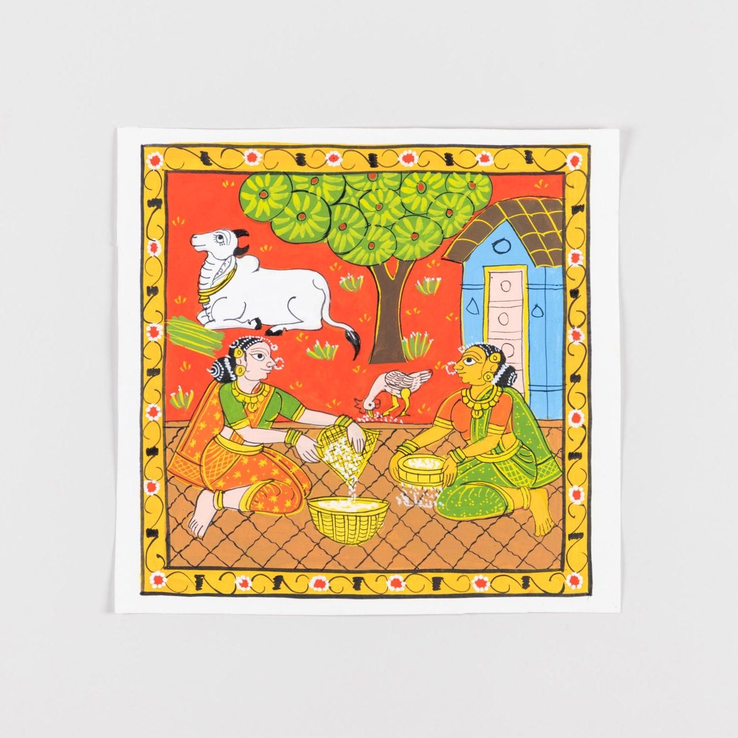 Cheriyal Painting Women Chaffing Grains 11.5 x 11.5-Red / Canvas / 11.5 x 11.5