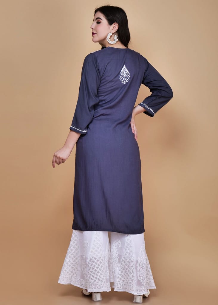 Chikankari Hand-Embroidered Rayon Straight Kurta Grey