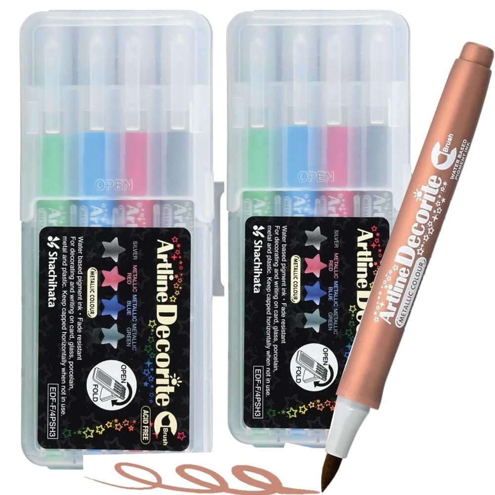Artline Decorite Brush Markers Set of 4 X 2 Packs in Metallic Colours - Red, Silver, Blue & Green Vibrant Colours | For Decorating And Writing On Greeting Card and Craft Papers
