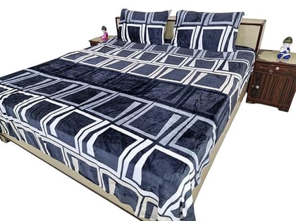 Bedsheet Set with Pillow Covers, Geometric Pattern Size 229 cm x 254 cm, Navy Blue and White