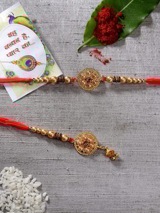 NVR Unisex Set of 2 Gold-Toned Stone-Studded & Beaded Bhaiya Bhabi Rakhi With Roli Chawal-Freesize / Alloy / Gold