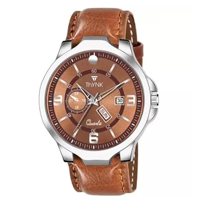 Thynk Premium Executive Round Brown Dial Analog Watch with Day and Date Display|Brown Leather Strap Thynk Premium Executive Round Brown Dial Analog Watch with Day and Date Display|Brown Leather Strap