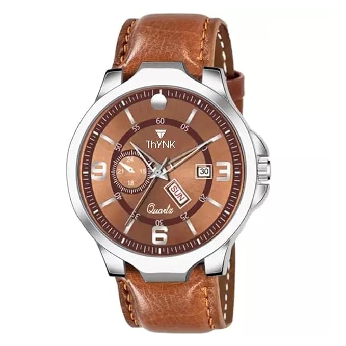Thynk Premium Executive Round Brown Dial Analog Watch with Day and Date Display|Brown Leather Strap
