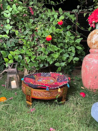 Wooden Round Indian Painted Chakki Table | Grinder Stool Coffee Table