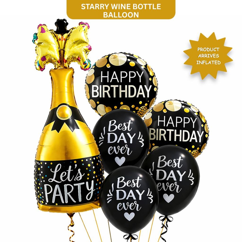 Starry Wine Bottle Helium Balloon Set of 6 (Wine Bottle + 2 Happy Birthday Round Foil + 3 Best Day Ever Black & White Balloons) | Pre-Inflated & Delivered | Birthday Decoration - Party and Festive Needs | Buy online on ZillyBuy