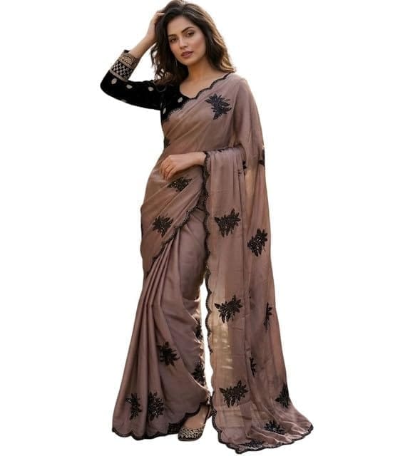 Women's Viscose Silk Embroidered Saree With Unstitched Blouse 5.5Mtr (Brown)-PID67230