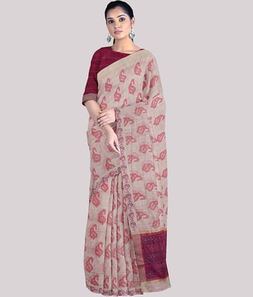KSR HANDLOOM PVT LTD Cotton Printed Saree With Unstitched Blouse Piece ( Cream )