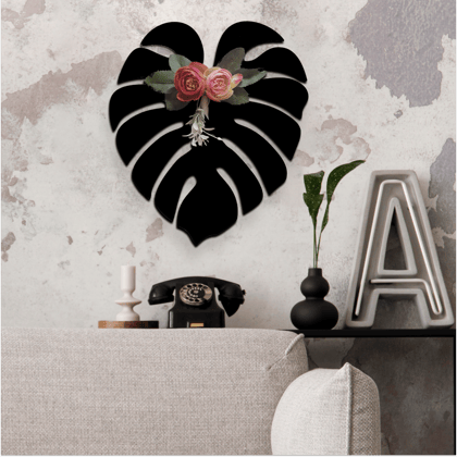 3D Palm Leaf with Roses Wooden Art-L=11"& B=9.5" / Black