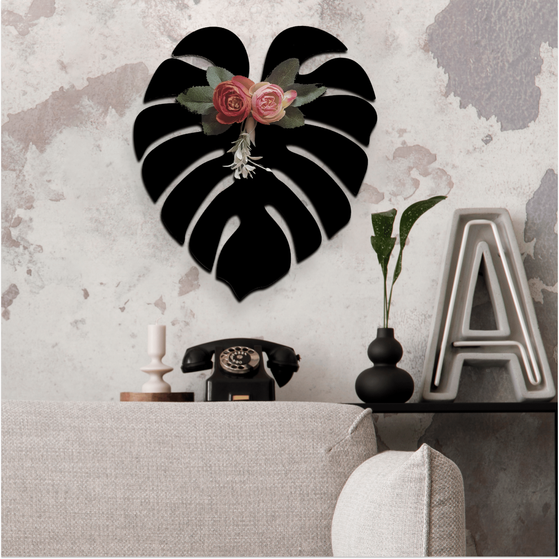 3D Palm Leaf with Roses Wooden Art-L=11"& B=9.5" / Black
