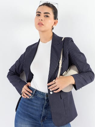 Blue-Striped Structured Blazer With Notched Lapel-4XL