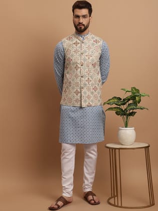 Sojanya Men's Cotton Linen Blue Kurta and White Pyjama With Cream Nehru Jacket Set-36