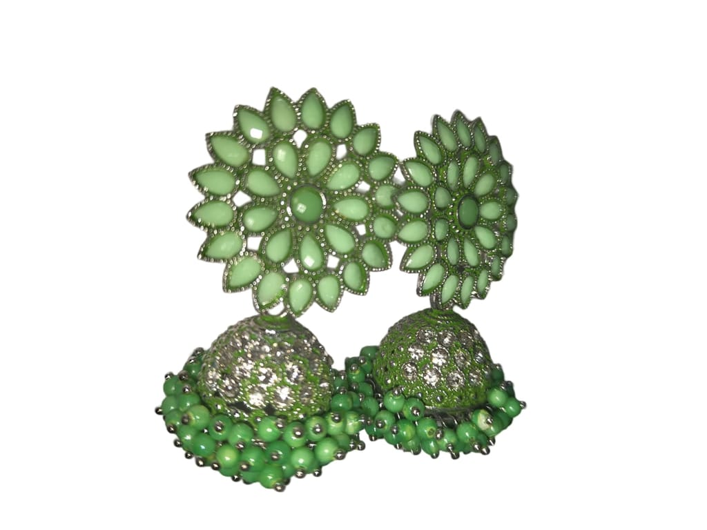 Green Jhumka Earrings with Kundan Stones and Pearl Beads