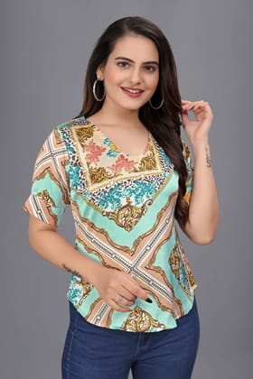 OWO THE LABEL women top printed short sleeve blue color v neck satin fabric (OTLTPS2004)-S