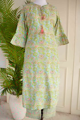 Green Frill Sleeves Printed Plazo Set-S