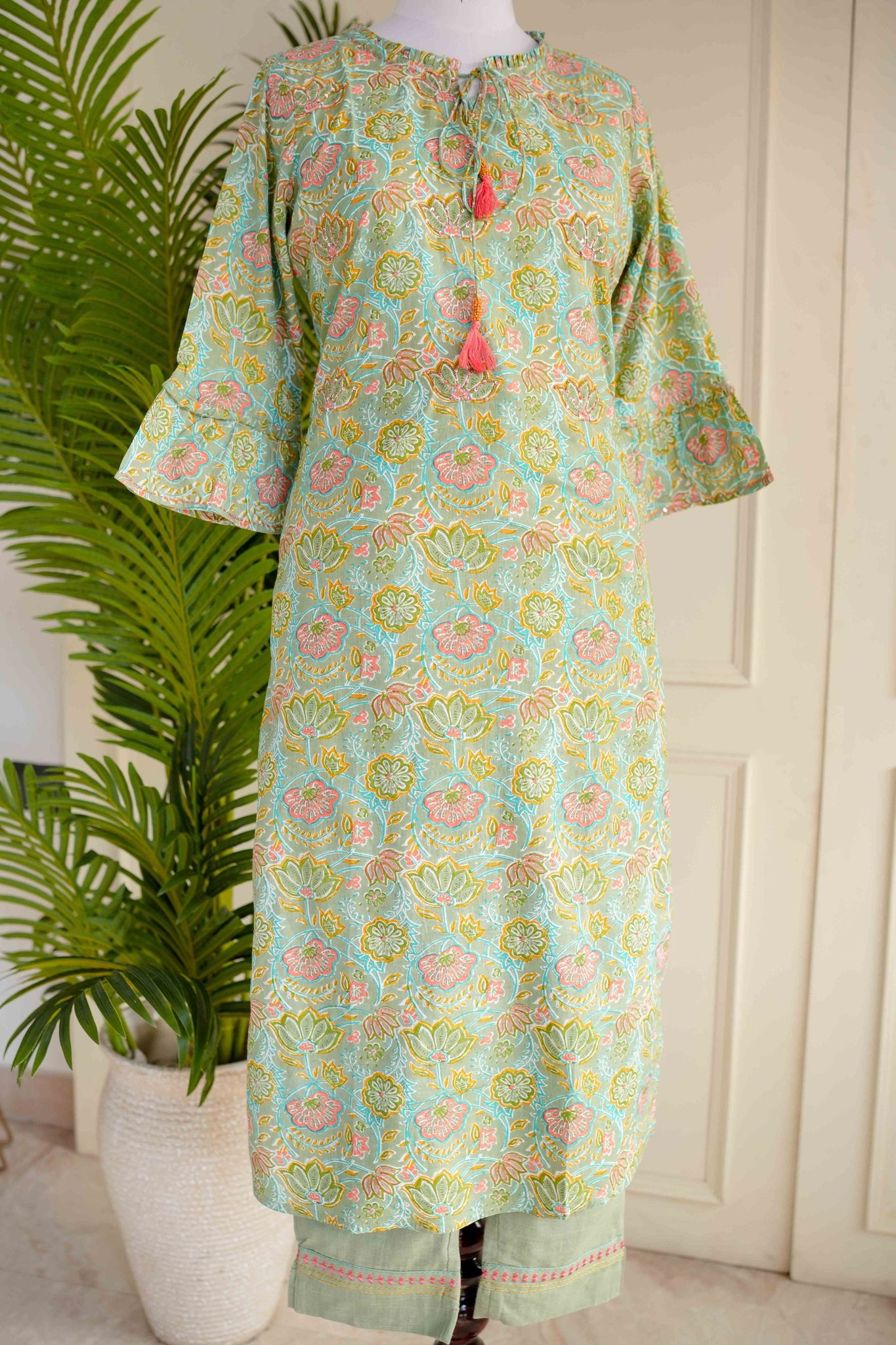 Green Frill Sleeves Printed Plazo Set-S