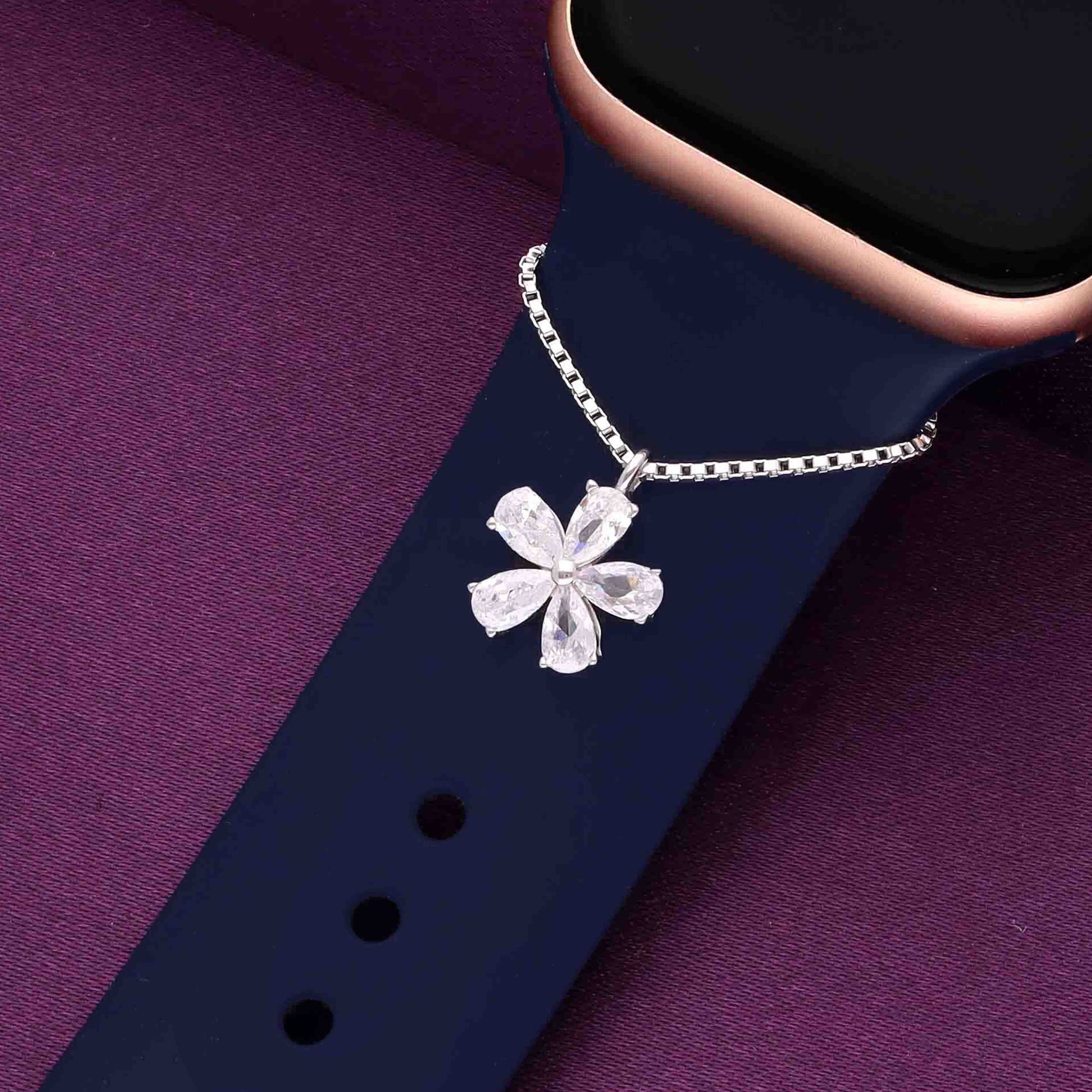 Shimmering Silver Flower Watch Charm-White Stone / Silver