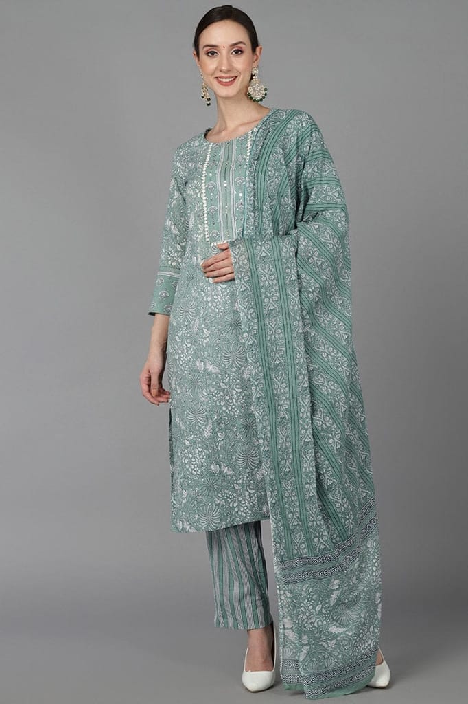 Green Pure Cotton Suit Set VKSKD1492 - Kurtas & Kurta Sets | Buy online on ZillyBuy