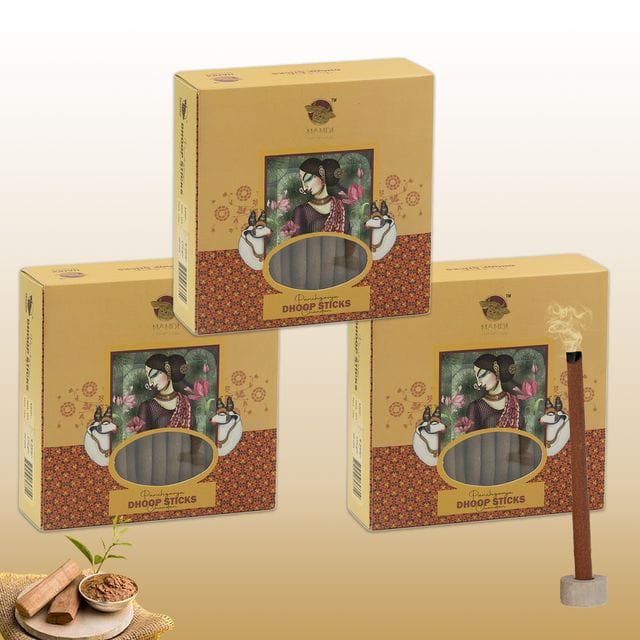 Nandi Panchgavya 100 Percent Cow Dung Dhoop Sticks for Pooja with Stand (Chandan Fragrance -Pack of 3,150 Sticks)