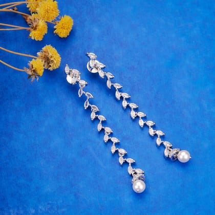 Rhodium Shine Long Earrings-White / Rhodium / Free Size