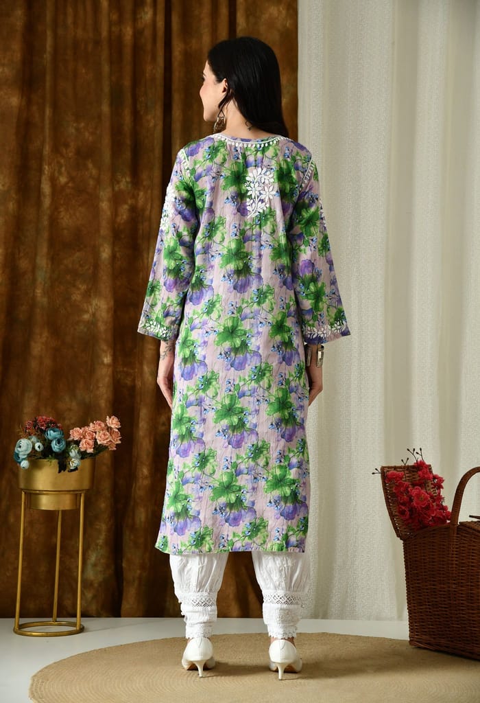 Multi color Mulmul Pure Cotton Lucknow Chikankari Kurta -Green