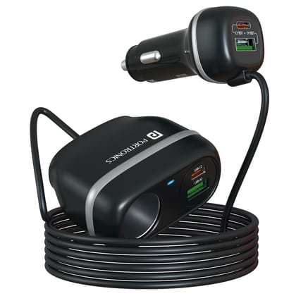 Portronics Car Power Trail 111W Car Charger, 4 Port Fast Car Charger, Dual 30W Type-C PD, Dual 22.5W USB-A, FrontandBack Seat Charging with Cigarette Lighter Socket, Car Travel Essentials for Road Trips