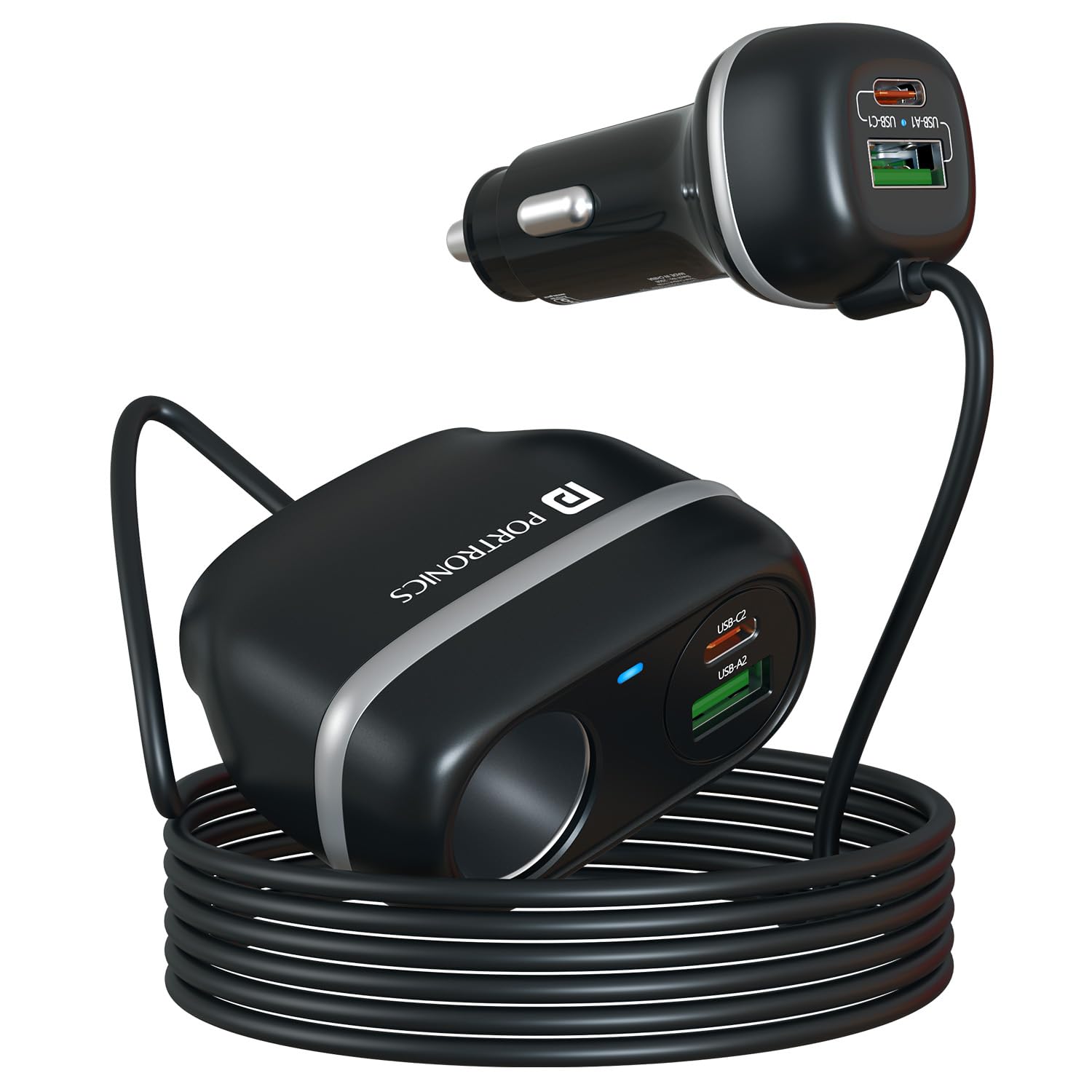 Portronics Car Power Trail 111W Car Charger, 4 Port Fast Car Charger, Dual 30W Type-C PD, Dual 22.5W USB-A, FrontandBack Seat Charging with Cigarette Lighter Socket, Car Travel Essentials for Road Trips