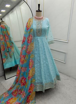 Party Wear Beautiful Organza Anarkali Gown Pent And Dupatta Party Wear Beautiful Organza Anarkali Gown Pent And Dupatta