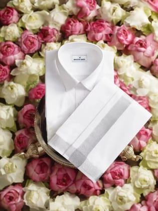 Mens Cotton White Shirt with Double Layer Silver Jari Border Dhoti with Towel - Wedding combo-36 / F/S