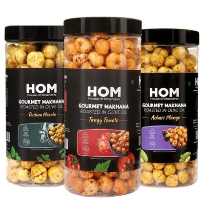 GOURMET MAKHANA Roasted in Olive Oil | Flavors Tangy Tomato, Pudina Masala and Achari Mango | Combo Of 3, 65g Each. - 195 gm