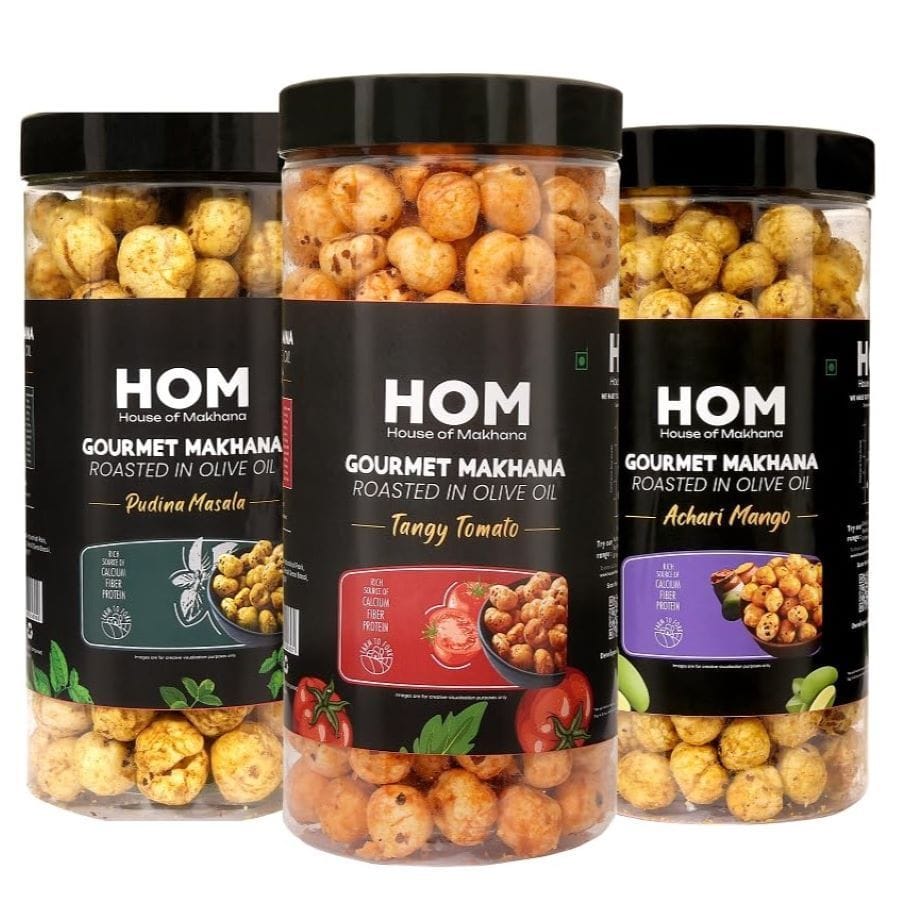 GOURMET MAKHANA Roasted in Olive Oil | Flavors Tangy Tomato, Pudina Masala and Achari Mango | Combo Of 3, 65g Each. - 195 gm