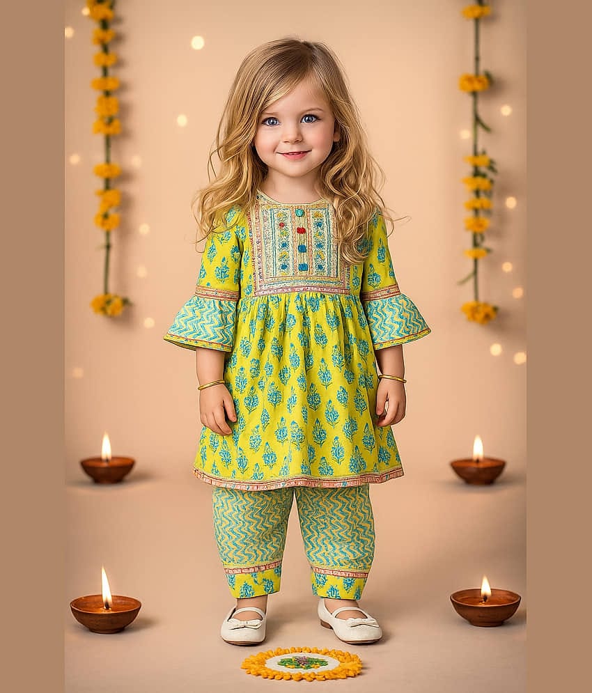 Arshia Fashions Girls Cotton Blend Kurti with Salwar ( Pack of 1 , Yellow )