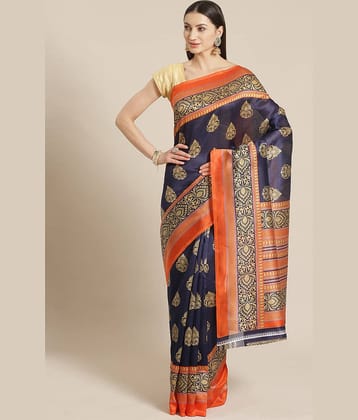 Grubstaker Art Silk Printed Saree With Unstitched Blouse Piece ( Blue )