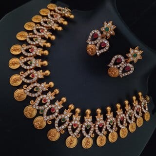 Matt Finish Laxmi Coin Design Pink Green CZ Beautiful Jewellery Set