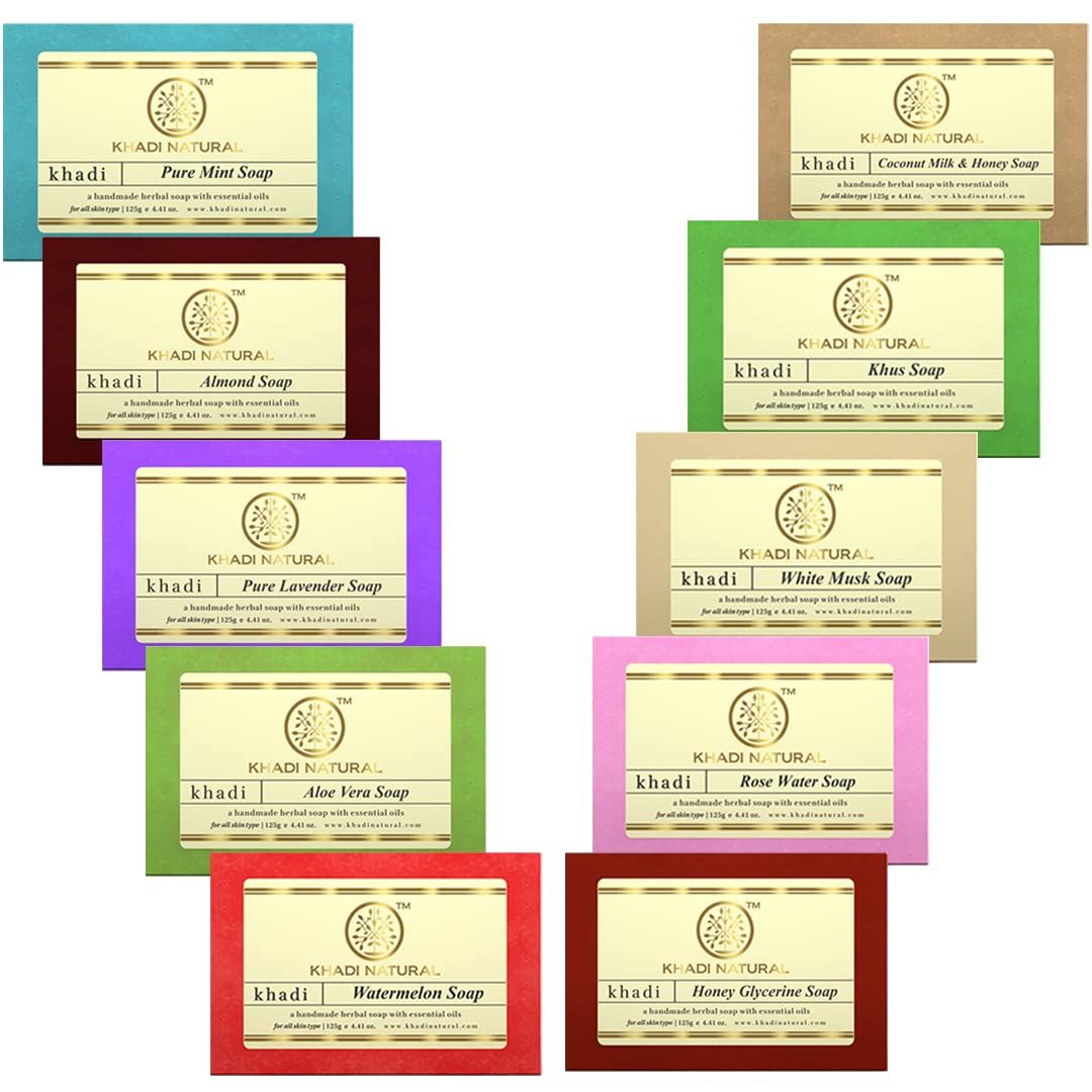 Khadi Natural Herbal Soap Gift Set | Handcrafted Essential Oil Soaps | Pure & Natural | Refreshing & Gentle Cleansing | Provides Naturally Glowing Skin- (Pack of 10) Khadi Natural Herbal Soap Gift Set | Handcrafted Essential Oil Soaps | Pure & Natural | 