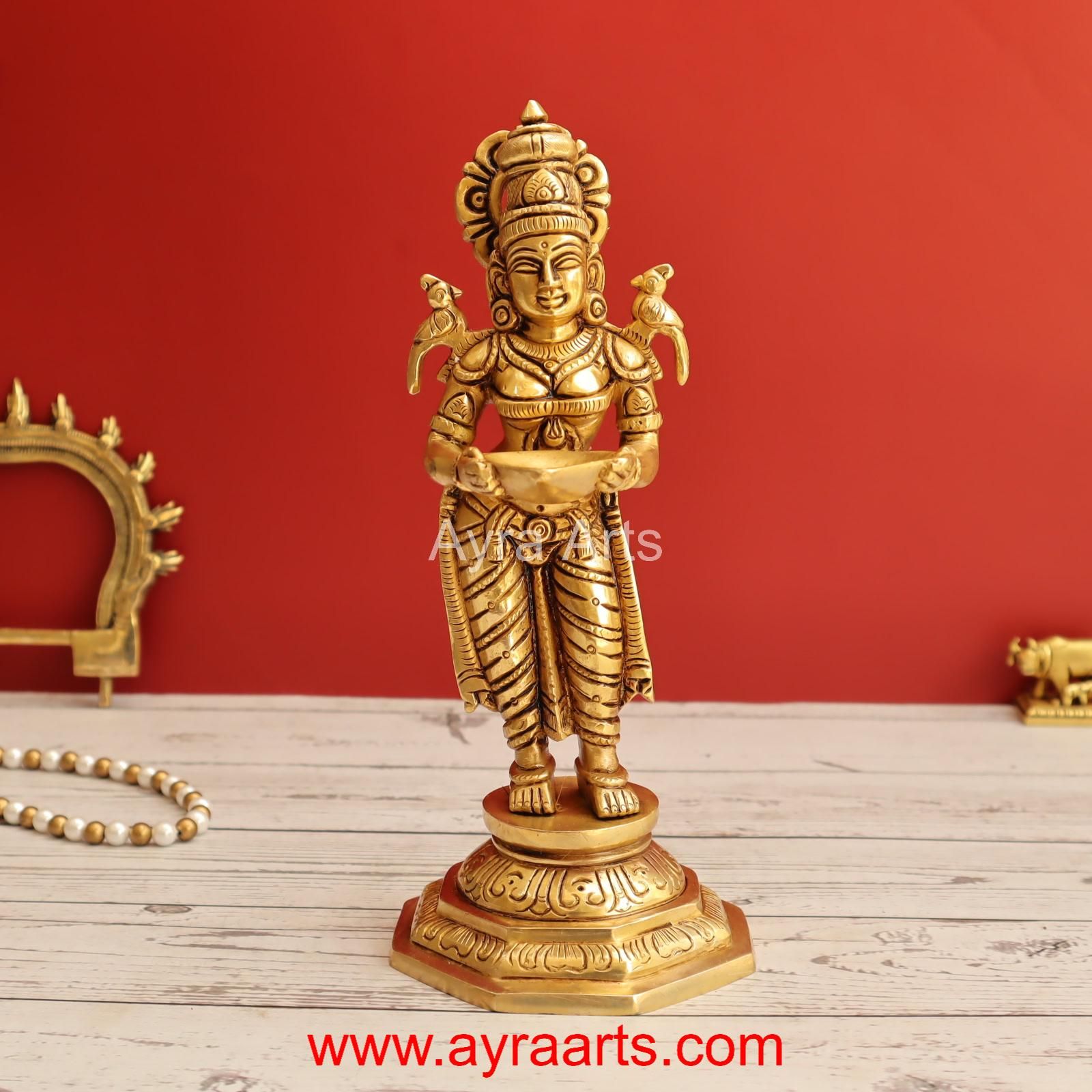 Indian Lady Holding Lamp Diya Brass Pooja Deepa Lakshmi Deep Lady - 9 Inch Height