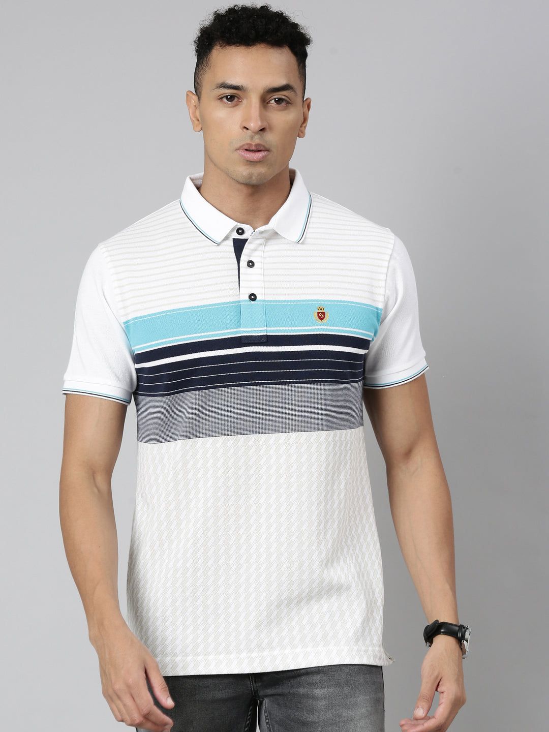 Classic Polo Men's Polo Neck Cotton White/Navy Slim Fit Striped T-Shirt | VTA-276 B SF P