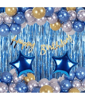 Jolly Party  blue golden silver happy birthday theme decoration kit combo with Banner, Balloons, star foil 41 pcs for Birthday Decoration