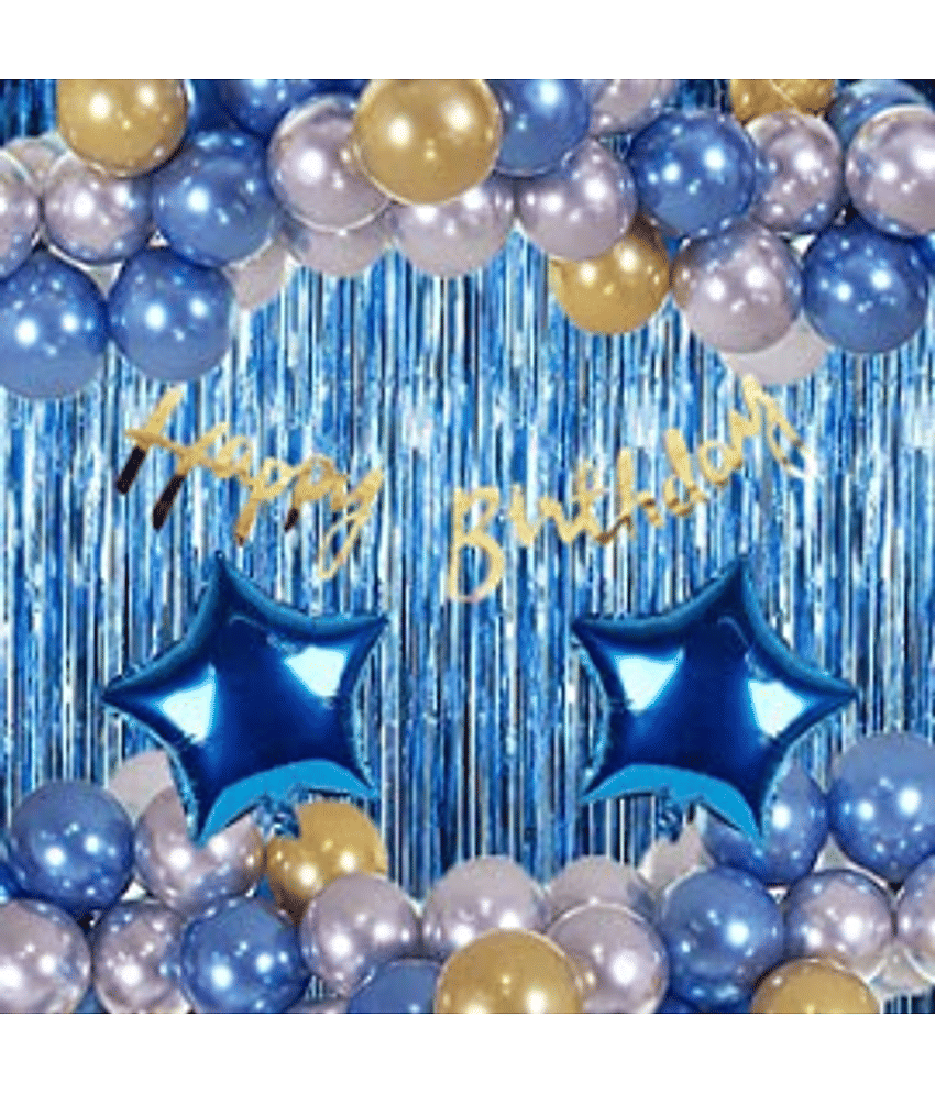 Jolly Party  blue golden silver happy birthday theme decoration kit combo with Banner, Balloons, star foil 41 pcs for Birthday Decoration