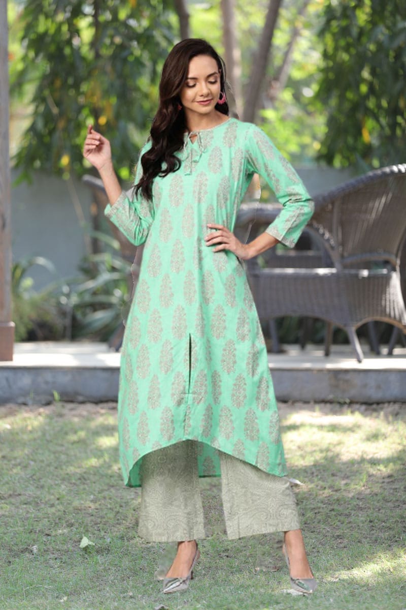 Sea Green Pure Cotton Ethnic Motifs Kurta Set VKSET1043