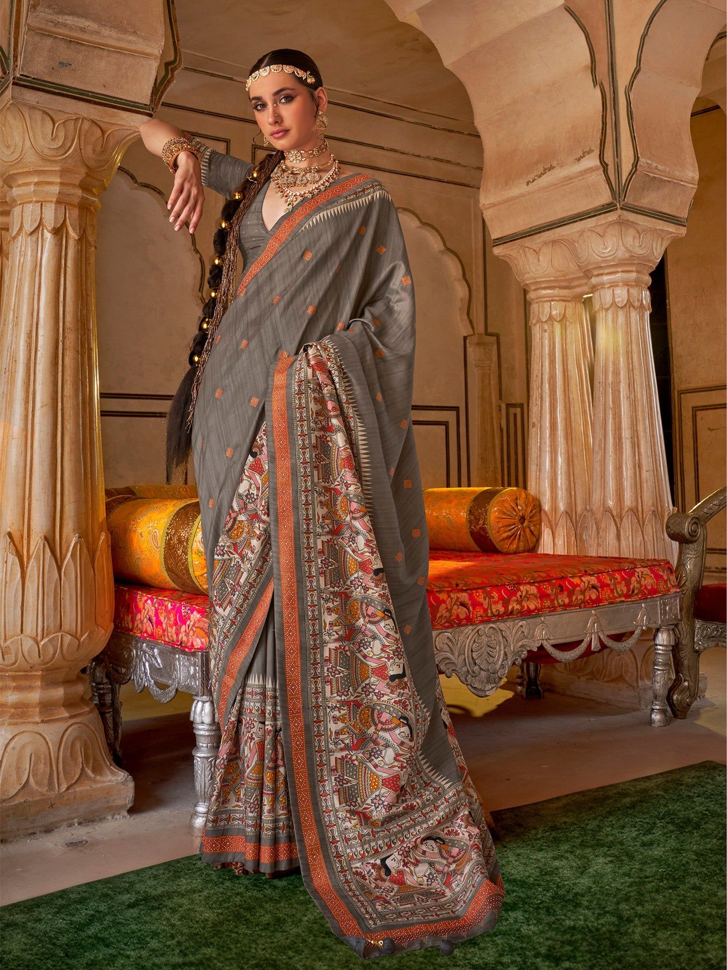 Dark Grey Soft Silk Baluchari Printed Saree