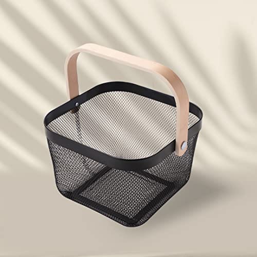 Metal Mesh Basket for Storage With Wooden Handles (Black) | Home Decor Items for Living Room | Room decor Items